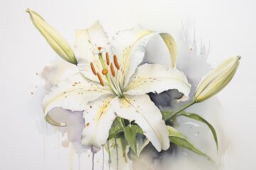 elegant watercolor painting that captures the timeless beauty of a single, blooming white lily in a crystal-clear vase. natural light, clean, uncluttered