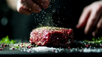 An intimate view of a steak preparation, with a sprinkle of seasoning adding the final touch to a...