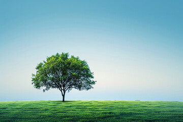 Solitary tree stands atop a gentle hill amidst lush green fields under a vast blue sky