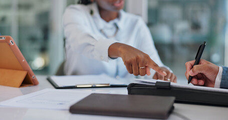 Business people, hands or closeup at meeting or writing on document, contract or paperwork in...