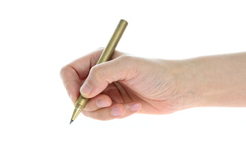 Woman hand holding pen on white background