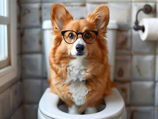 A Corgi dog wearing glasses sits on the toilet. AI generated. 