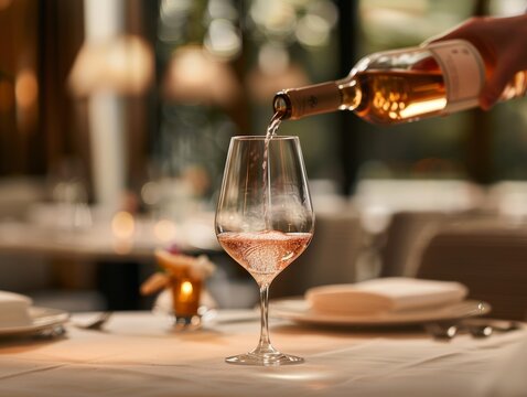 the sommelier pours wine into a glass from a bottle. a glass with wine on a set table 