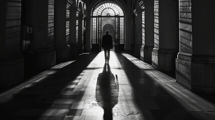 An Artistic Shot of Shadowed Figure in Dark Hallway Walking towards Sunlit Doorway