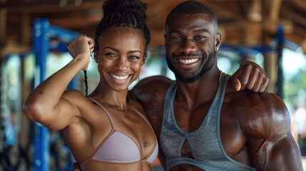 A happy athletic couple flexes their muscles after exercising in the gym. - Powered by Adobe