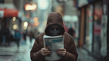 A man is reading a newspaper while standing on a wet street