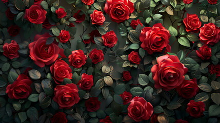 Luxury floral wallpaper texture beautiful rich red roses, generative Ai - obrazy, fototapety, plakaty