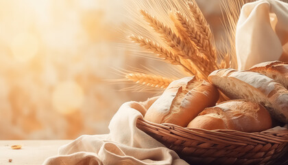 Bread and rolls in a wicker basket