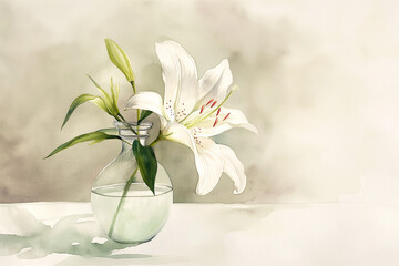 Watercolor painting of a lily in a vase with nice plain background to let the beauty of the flower show
