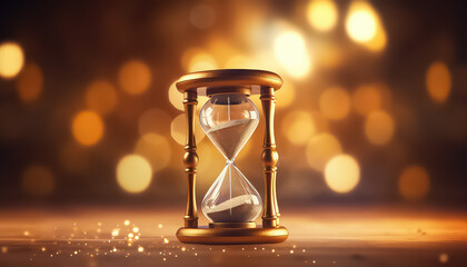 Hourglass on the background of a garland - obrazy, fototapety, plakaty