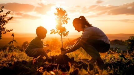 At dawn, a mom and her child planting a tree, a symbol of hope and growth for the future.