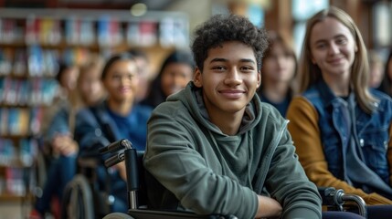 A portrait of a multi-ethnic group of students in the college library with a boy in a wheelchair in the foreground - Powered by Adobe