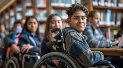 Obraz premium A portrait of a multi-ethnic group of students in the college library with a boy in a wheelchair in the foreground
