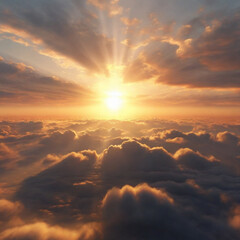 An aerial shot above beautiful sunset clouds with sun - obrazy, fototapety, plakaty