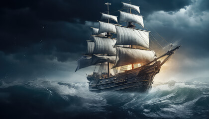 A ship with sails sails in a storm