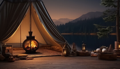 Cozy tent in nature with fire and lamp