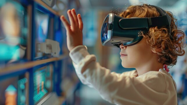 A side view of a little boy wearing a VR headset and reaching out while testing augmented technology at a school laboratory, copy space