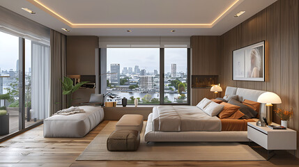 Wide-angle shot of a contemporary bedroom with city views, modern interior design, scandinavian style hyperrealistic photography