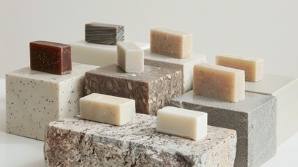 Zen-like arrangement of natural soap bars, embodying sustainability and minimalist design