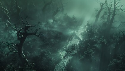 Delve into the eerie depths of a haunted forest from an aerial view using photorealistic digital rendering techniques