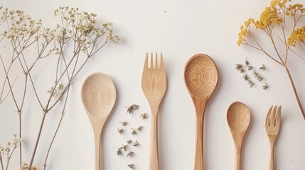 Sleek wooden spoons and forks, arranged artfully in a minimalist, sustainable kitchen setting - obrazy, fototapety, plakaty