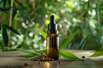 Brown glass pipette dropper bottle with hemp oil inside stands on the center of the wooden table near seeds and leaves.