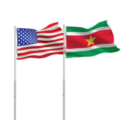 American and Suriname flags together.USA,Suriname flags on pole