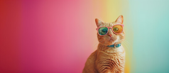 Trendy cat with sunglasses in a simple interior.
