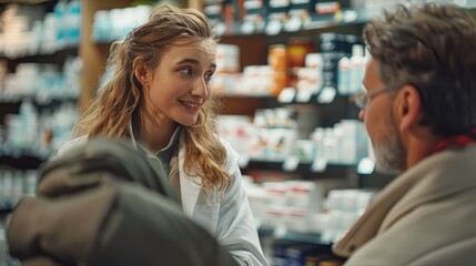 Pharmacist talking with male customer in drug store Focus on customers
