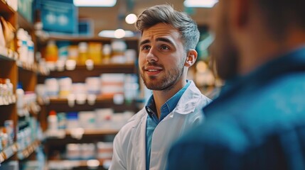 Pharmacist talking with male customer in drug store Focus on customers - Powered by Adobe