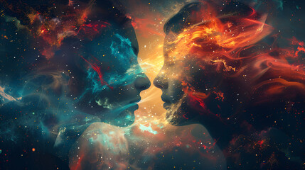 Man and woman silhouettes an abstract cosmic background, generative Ai