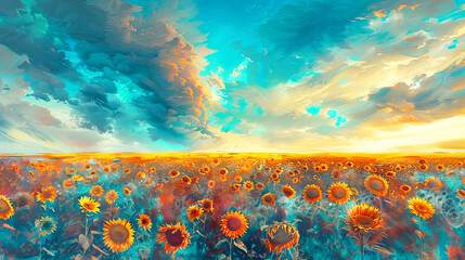 Surreal blue and orange sunflower field oil painting.  Summer banner.