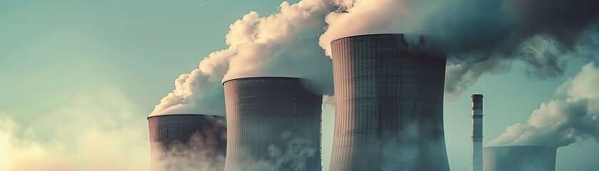 Wide banner background of an atomic nuclear reactor or power plant with cooling towers and a smoking chimney - obrazy, fototapety, plakaty