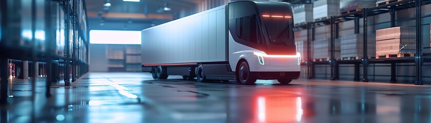 Wide banner of a futuristic electric truck parked in a warehouse with a fully selfdriving system activated for autonomous transport - obrazy, fototapety, plakaty
