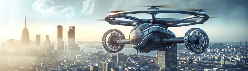 Wide banner of a futuristic manned rotor passenger drone flying over a modern city for future air transport and robotaxi concepts