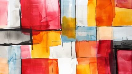 A modern abstract watercolor painting, bold blocks of saturated color with black lines and white spaces for a striking, contemporary feel