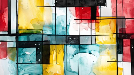 A modern abstract watercolor painting, bold blocks of saturated color with black lines and white spaces for a striking, contemporary feel - obrazy, fototapety, plakaty