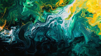 Abstract art of saturated colors--electric greens and vivid yellows set against stark, dark accents