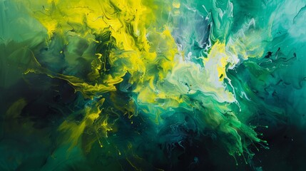 Abstract art of saturated colors--electric greens and vivid yellows set against stark, dark accents - obrazy, fototapety, plakaty