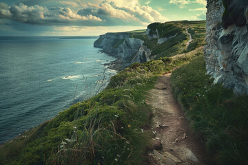 A scenic coastal path with dramatic cliffs and ocean views