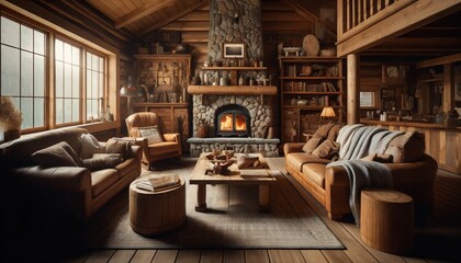 Cozy Cabin Living Room with Wooden Furniture