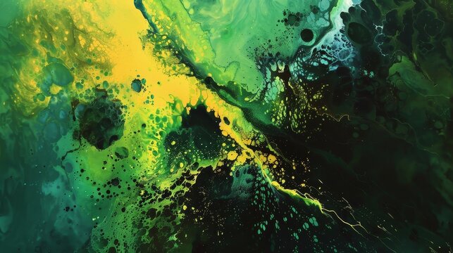 Abstract art of saturated colors--electric greens and vivid yellows set against stark, dark accents
