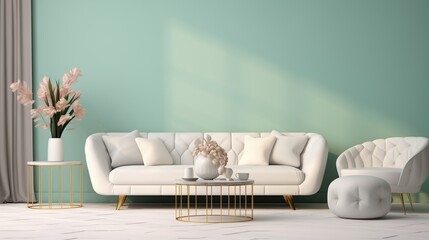 A chic sitting area featuring a plush white sofa against a soft mint green 3D wall, blending comfort and style seamlessly in the home decor. - obrazy, fototapety, plakaty