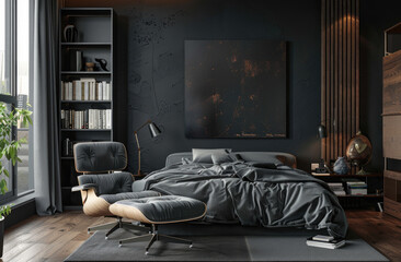 Black bedroom interior with bed, Eames chair and shelf.