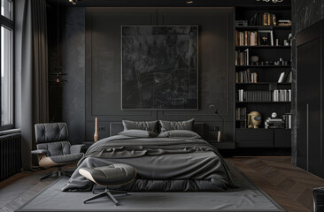 Black bedroom interior with bed, Eames chair and shelf.