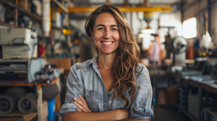 A woman with long hair is smiling and standing in a workshop. She is wearing a blue shirt and has her arms crossed - Powered by Adobe