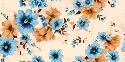 Abstract floral pattern with blue and orange flowers