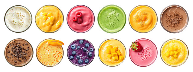 Big set of various smoothies isolated on transparent background, top view