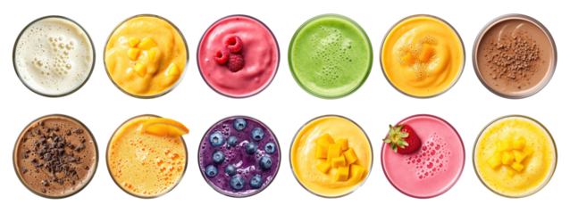 Big set of various smoothies isolated on transparent background, top view