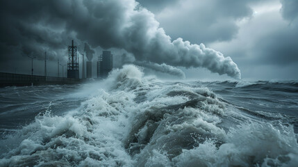 A large wave is crashing into a power plant, with smoke and steam coming out of the plant. The scene is dark and ominous, with the power plant and the ocean creating a sense of danger and destruction - obrazy, fototapety, plakaty